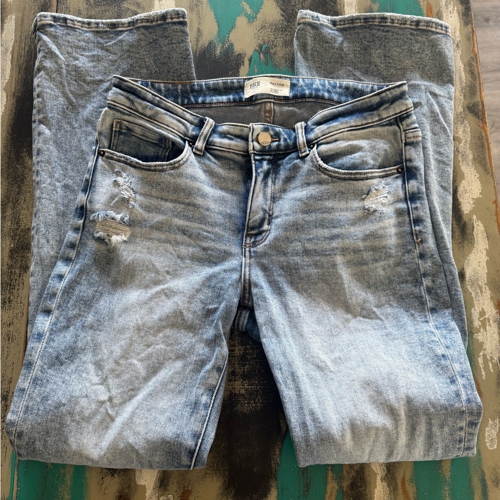 BKE Light Blue Distressed Payton Mid-Rise Bootcut Jeans